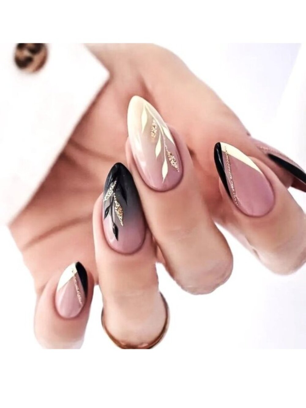 Nails Glitter Leaf 24 Fake Press On Stylish Trendy French Glam Reusable Gold Fun